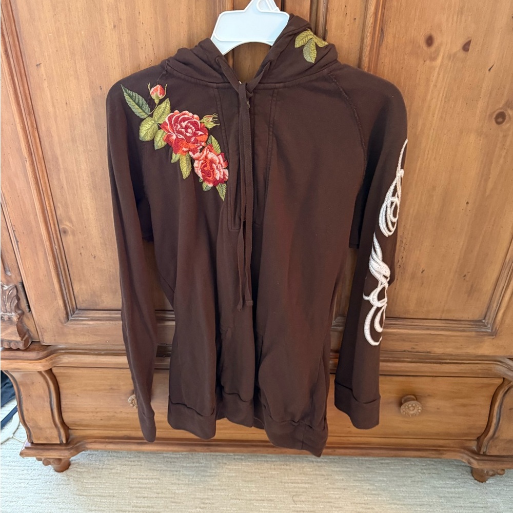 Johnny Was Brown Hoodie with Rose Embroidery